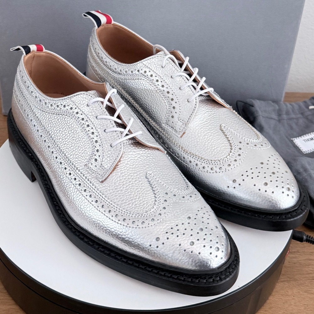 Thom Browne New York Silver Metallic Pebbled Leather Longwing Brogues, sz US 7